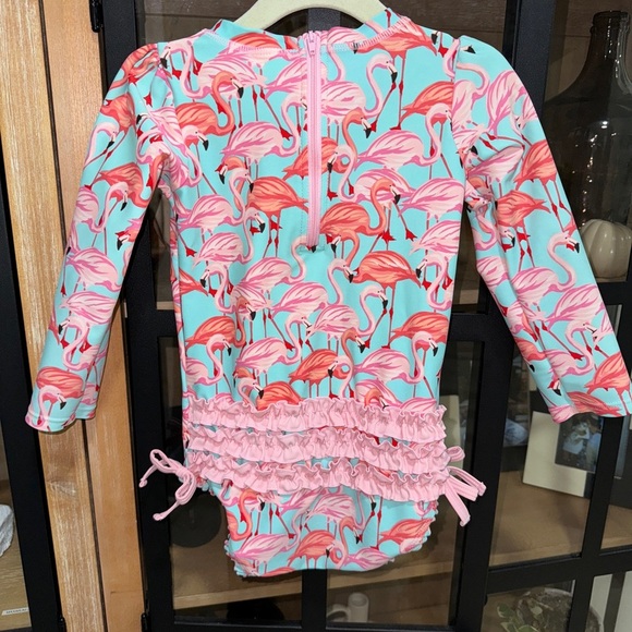 RuffleButts Vibrant Flamingo Long Sleeve One Piece Rash Guard toddler ruffles - Picture 1 of 8